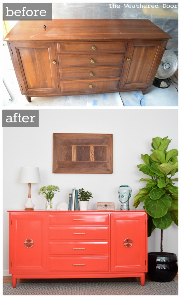 Willett Salsa buffet-dresser-credenza high gloss modern makeover before and after from The Weathered Door